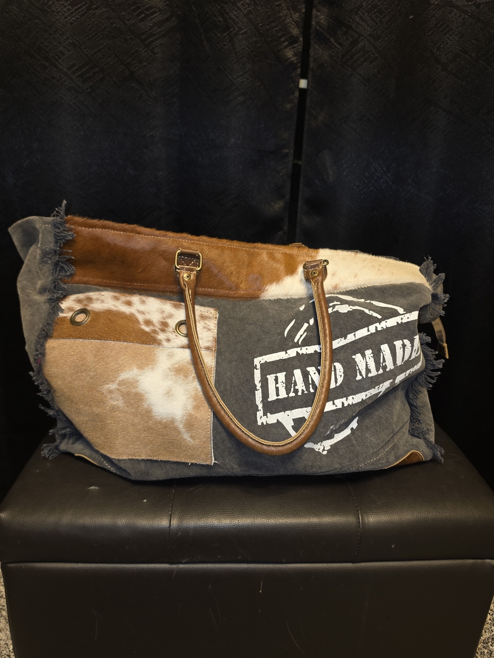 Myra Bag Brown White Gray Handmade Patchwork Travel Tote - Picture 2 of 4